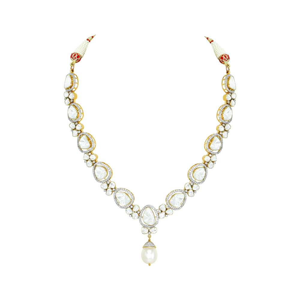 Teardrop Polki Necklace with Diamonds and Pearl Drop